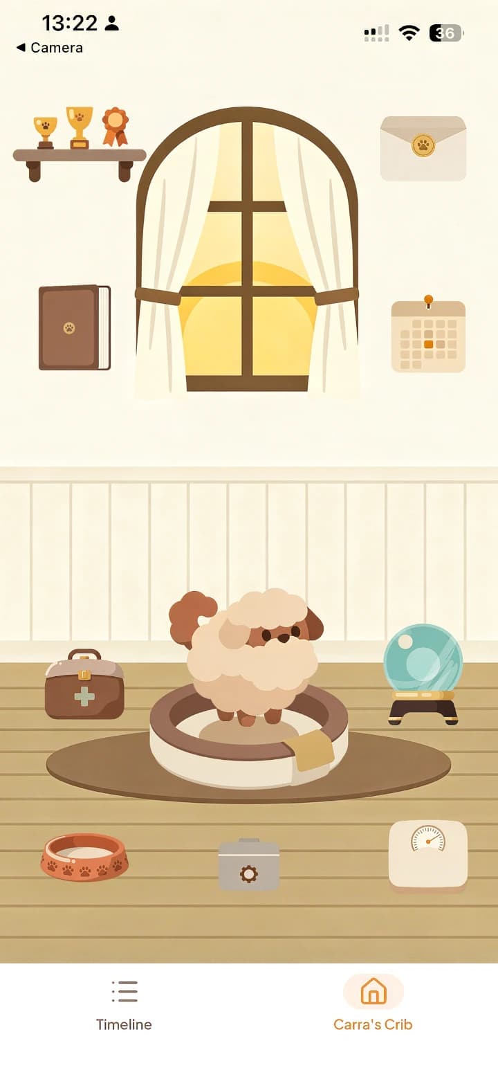 Tamadoggo pet journal — the Crib home screen with your pet's avatar in their room