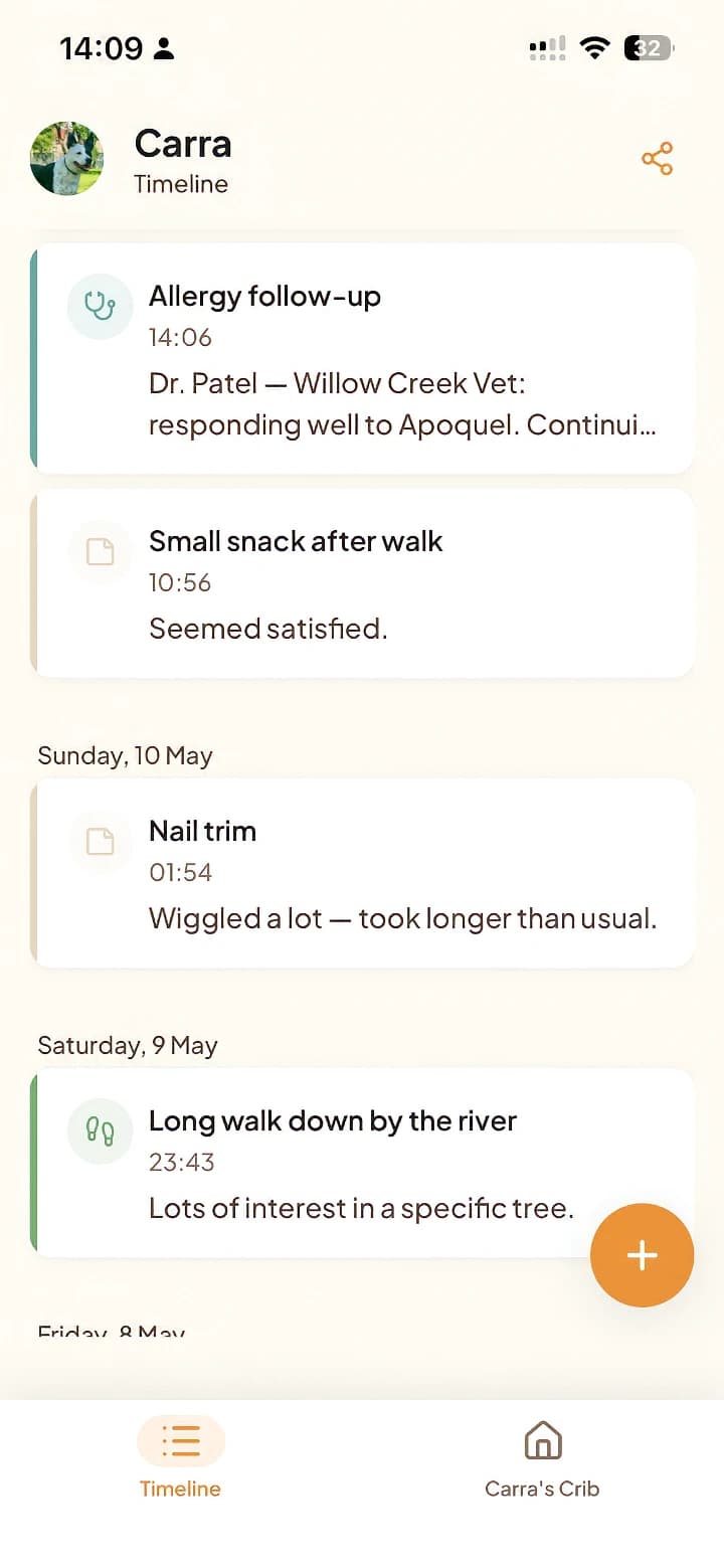Tamadoggo pet journal timeline showing a dog's vet visits, walks and milestones